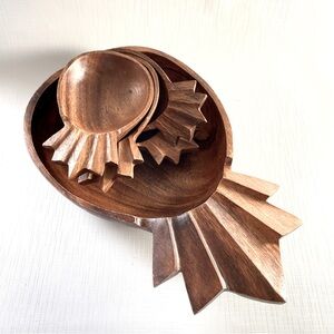 Vtg MCM Teak Wood Pineapple Salad Serving Bowl 5 Piece Set Monkey Wood Retro